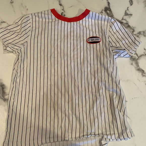 This is a white striped shirt with a red collar from forever 21 in a size medium - Picture 1 of 6